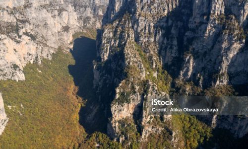 View from Oxya Viewpoint deck of Vikos Canyon in the mountains of Epirus in Greece