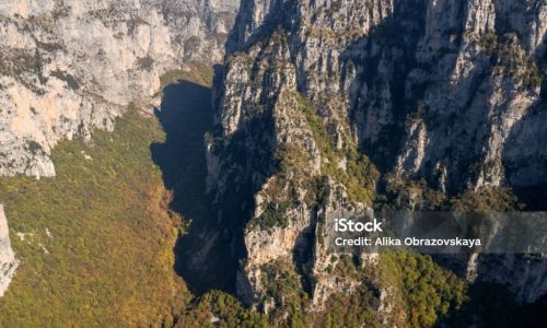 View from Oxya Viewpoint deck of Vikos Canyon in the mountains of Epirus in Greece